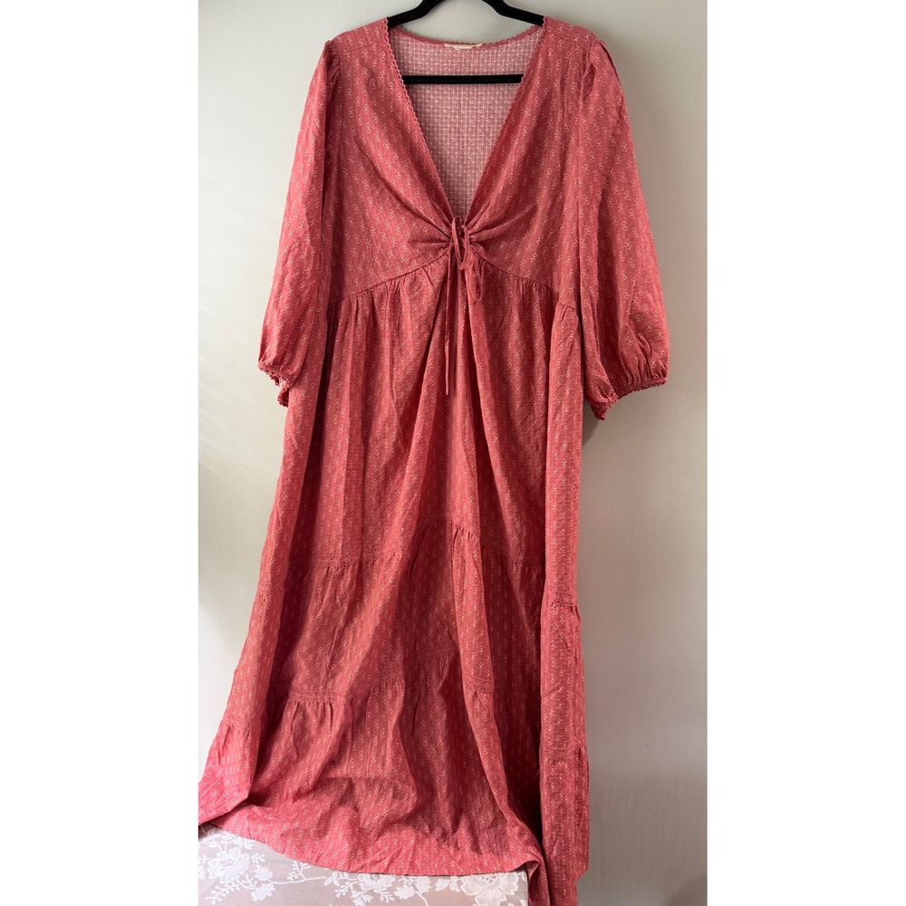 FESTI Maxi Dress Womens 2 Red Excellent Boho Tiered Cotton Linen Blend